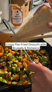 Crispy Pan-Fried Gnocchi with Brussels & Romesco